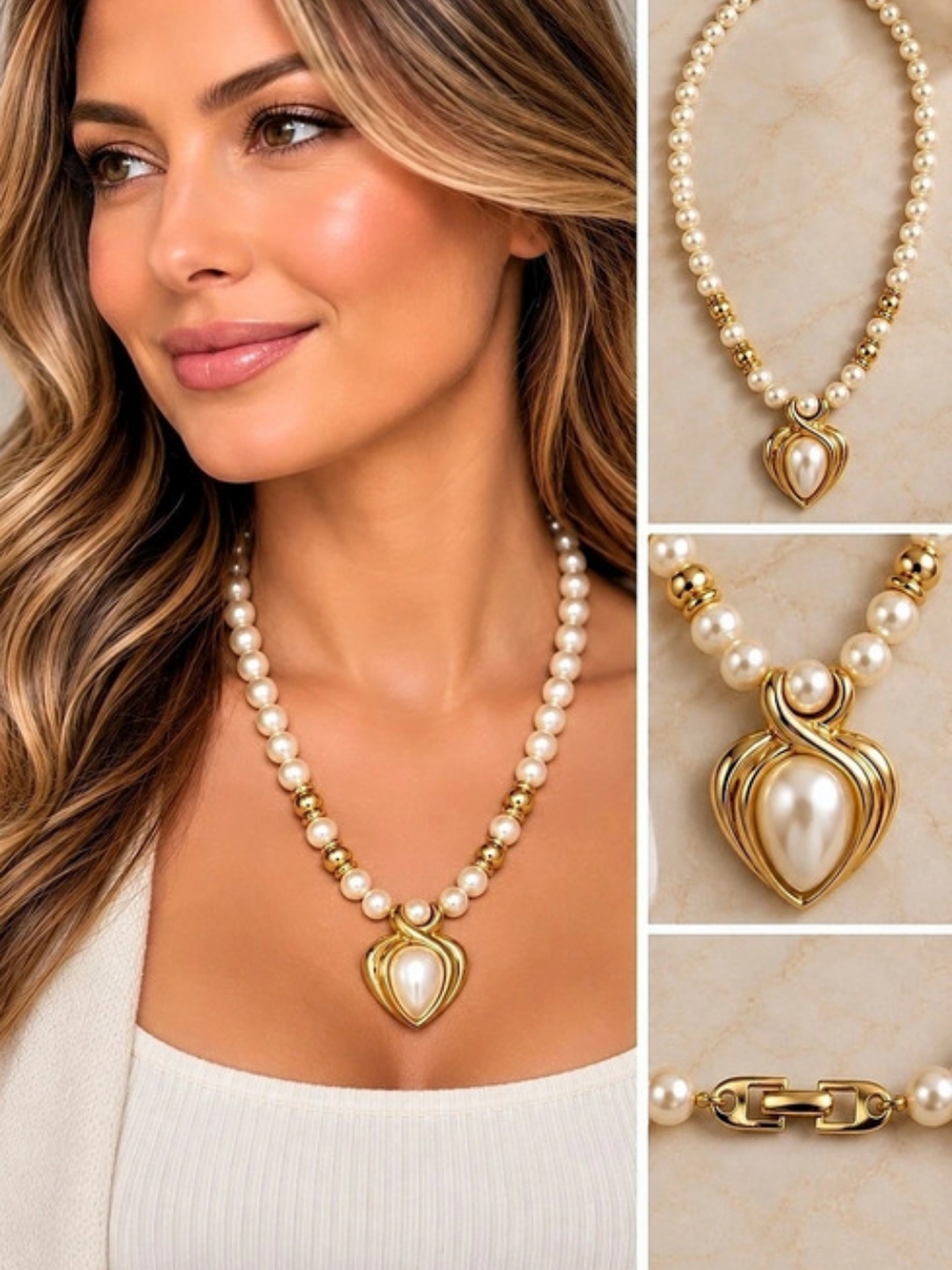 Napier Vintage Monet Faux Pearl Teardrop Pendant Necklace Vintage Faux Pearl